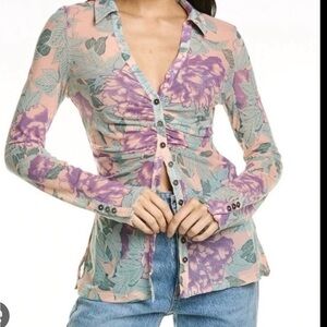 Free People Pink and Purple Floral Button-Down Shirt